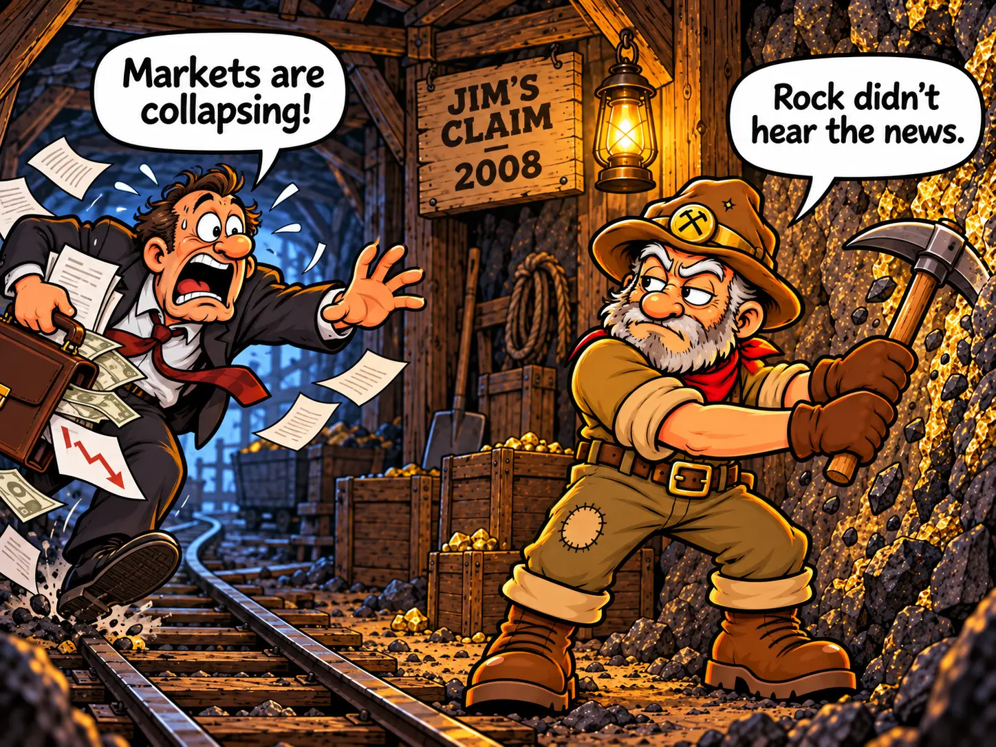 Old Jim calmly mining while a panicked banker warns him about collapsing markets in 2008